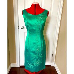 Vintage Mad Men 1960’s Green satin floral beaded wiggle cocktail dress